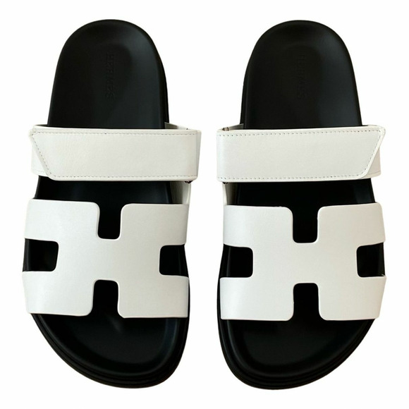 Hermes Chypre Sandal Black White Calfskin Leather H Logo Slide Slip On Flat 41.5 - Picture 3 of 11